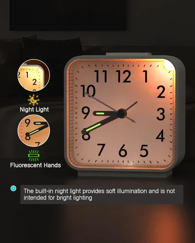 Vista 5 de AMIR Reloj Analógico Silencioso Sin Tic Tac Pequeño, Para Viajar con Función de Repetición y Luz, Sonidos de Tono Ascendente, Reloj de Alarma Fuerte
