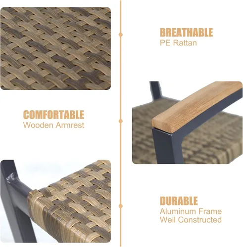 Vista 5 de TRY & DO Juego de 4 sillas de comedor para patio, sillas de comedor apilables de mimbre al aire libre con reposabrazos de madera, marco de aluminio