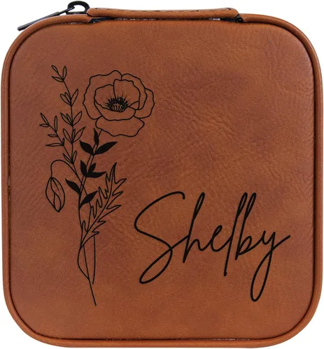 Vista 60 de Joyero de flores de nacimiento personalizado Estuche de viaje (cuero crudo, abril - guisante dulce)