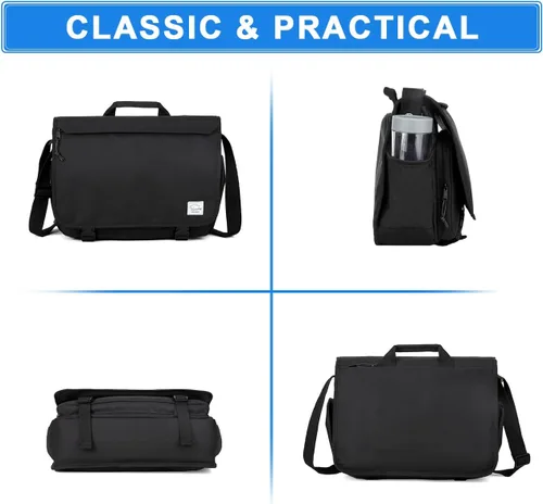 Vista 7 de VASCHY Bolsa de mensajero para hombre, resistente al agua, maletín para laptop, bolsa de trabajo, bolso cruzado para mujer, universidad, Negro