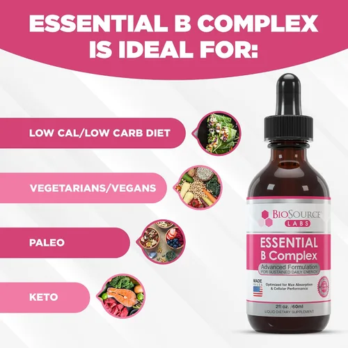 Vista 8 de BioSource Labs Essential B Complex - Gotas líquidas sublinguales de complejo B vegano diario con metilo B12 (botella de 2 onzas/2.0 fl oz)