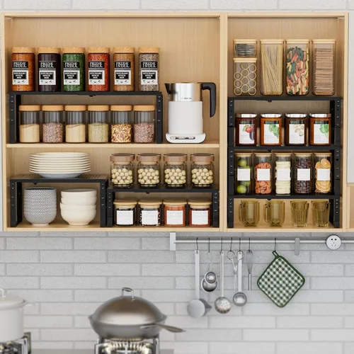 Vista 3 de Estante Expandible para Especias de Cocina, Organizador de Estantes de Almacenamiento Apilables, Estantería Ajustable para Gabinetes, Encimera, Negro