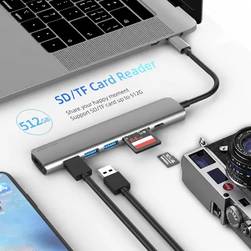 Vista 6 de WALNEW Hub USB C con HDMI 4k, entrega de energía de 100 W, lector SD/TF, puertos de datos USB 3.0, adaptador multipuerto USBC 7 en 1, base Gris