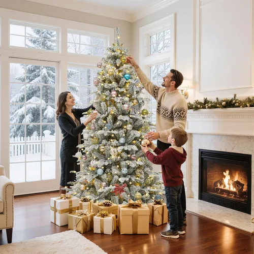 Vista 2 de GOOBED 6.5 ft Prelit Snow Flocked Christmas Tree, Layered Spruce w/Remote Christmas Tree w/ 760 Thickened Branch Tips, 350 Lights for Home, Office