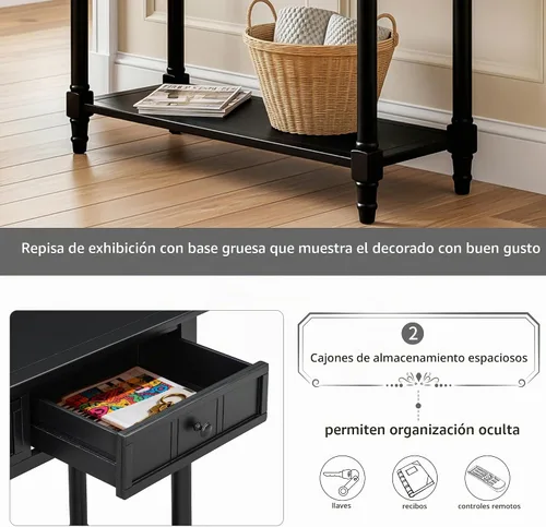 Vista 5 de P PURLOVE Mesa de consola Aparador Mesa de sofá de madera con 2 cajones y estante inferior (negro)