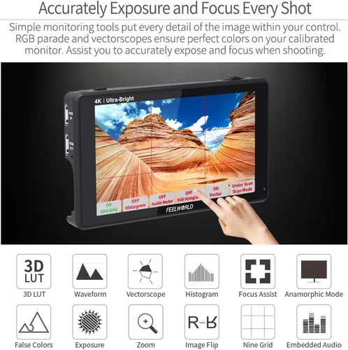 Vista 5 de FEELWORLD LUT6 6 pulgadas 2600nits HDR 3D LUT pantalla táctil DSLR Cámara Monitor de campo con forma de onda VectorScope histograma 4K entrada HDMI