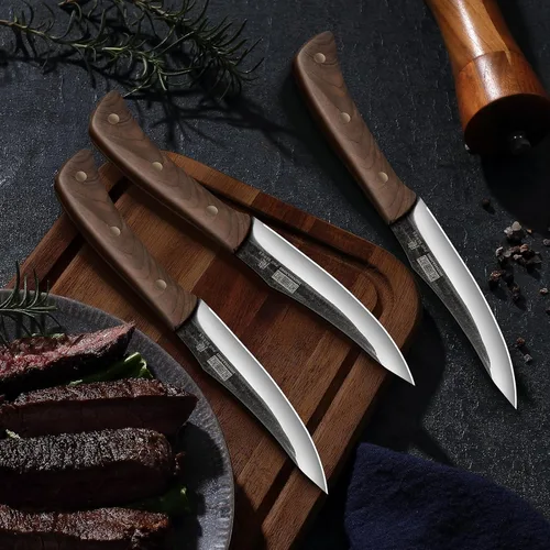 Vista 7 de HOSHANHO Juego de 6 cuchillos para carne, ultra afilados de 4.5 pulgadas, no dentados, de acero de alto carbono, forjados a mano con mango de madera