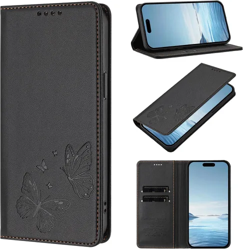 Vista 10 de Butterfly Embossed Leather Wallet Flip Case for Motorola Moto E22i 4G, Magnetic Closure, RFID Blocking Cover, Card Holder Red.