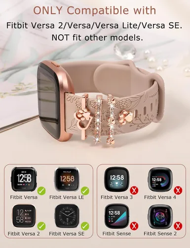 Vista 2 de Minyee Correa con dije grabado floral compatible con Fitbit Versa 2/Fitbit Versa/Versa Lite bandas para mujer, anillo decorativo brillante