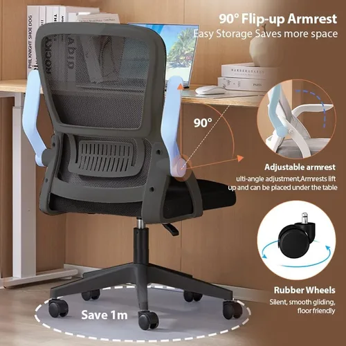Vista 5 de Silla de oficina, silla de escritorio ergonómica, silla de malla transpirable, silla giratoria con brazos abatibles y soporte lumbar, silla