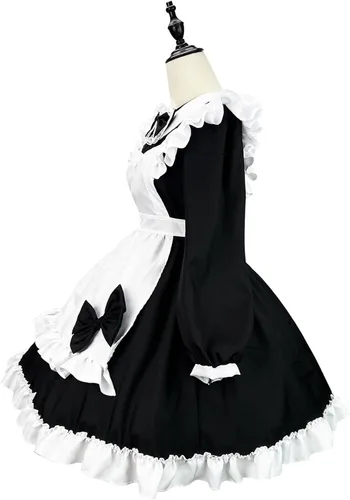Vista 6 de Lindo vestido de Lolita de sirvienta para mujer, con ribete de encaje, manga larga, con volantes, delantal, vestido de cafetería, camarera, cosplay