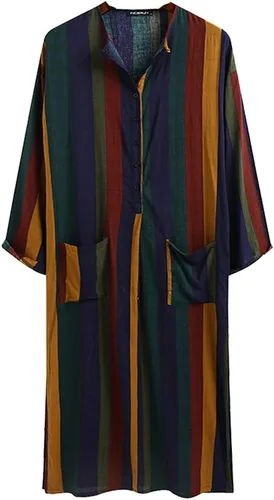 Vista 3 de Hotmiss Bata a rayas para hombre con botones, manga larga, estilo caftán Thobe Splits