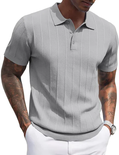 Vista 23 de COOFANDY Camisas polo de punto para hombre de manga corta con textura acanalada Camisas de golf casuales y ligeras con cuello Camiseta de polo