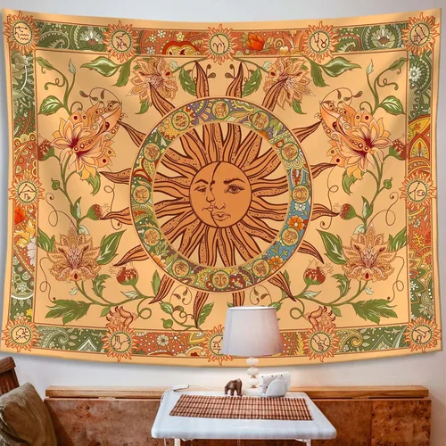 Vista 6 de Tapiz amarillo con sol y luna, vintage, bohemio, para colgar en la pared con girasoles, mariposa, polilla, constelación, tapices de pared
