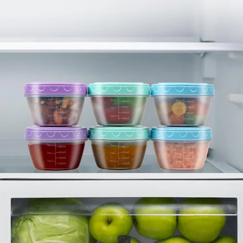 Vista 3 de Recipiente de aderezo para ensalada para llevar con tapas, apto para lavavajillas y microondas, pequeños recipientes de condimentos con líneas