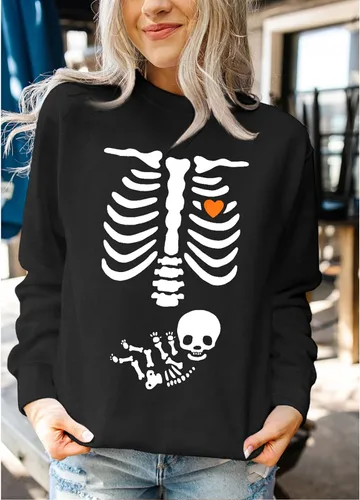Vista 2 de Sudadera de esqueleto de rayos X para mujer, sudadera de maternidad de Halloween, cuello redondo, sin botones, para anuncio de embarazo