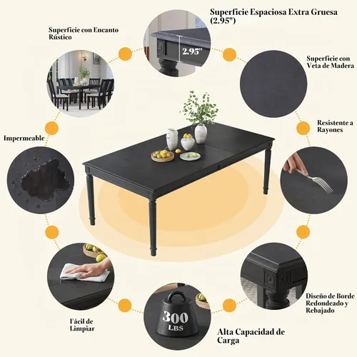 Vista 4 de AMERLIFE Mesa de comedor de granja de 79 pulgadas para 6 a 8, mesa de comedor rectangular grande de madera maciza con patas cónicas romanas, mesa