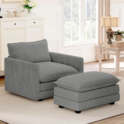 Vista 27 de ROWHY Sillón individual con otomano, sofá moderno de corduroy en forma de nube con chaise convertible, sofá tapizado para sala de estar, beige