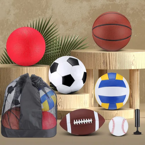 Vista 4 de Libima Juego de 6 Pelotas Multideporte de Tamaño Oficial Fútbol Baloncesto Fútbol Soccer Voleibol Pelota de Patio Béisbol con Bolsa de Equipo