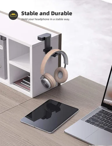 Vista 3 de Lamicall Soporte para auriculares, soporte adhesivo para auriculares, soporte para auriculares debajo del escritorio, soporte de gancho adhesivo
