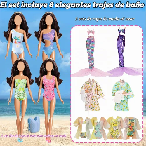 Vista 3 de Juego de 35 piezas para muñecas y piscina con chaleco salvavidas deslizante