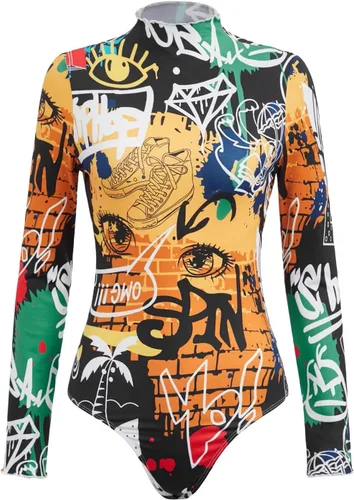 Vista 3 de GORGLITTER Body de manga larga de una pieza para mujer, con estampado de letras, graffiti, acanalado, tanga, leotardo