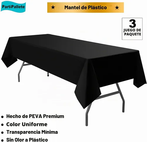 Vista 2 de Paquete de 3 manteles de plástico premium negros desechables de 54 x 108 pulgadas. Mantel rectangular desechable para mesas de fiesta, para T01 Negro