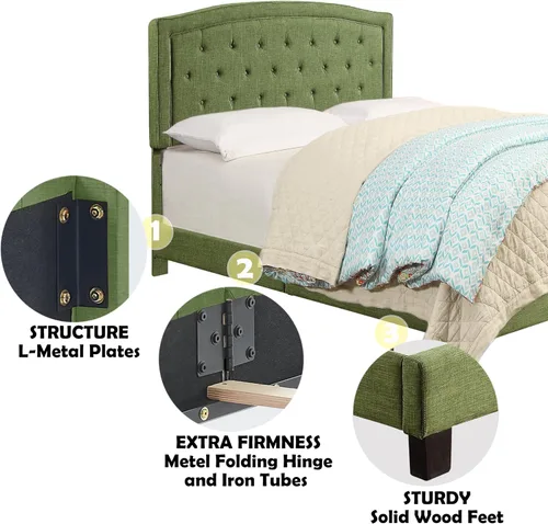 Vista 3 de Rosevera Layla - Marco de cama de panel con cabecera ajustable con botones para dormitorio/tapizado de lino, soporte de listones de madera/fácil