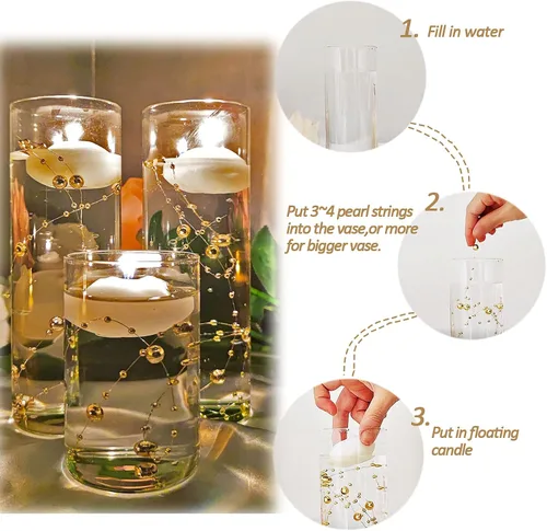 Vista 2 de 50 piezas de cadenas de perlas flotantes para velas flotantes, perlas artificiales para relleno de jarrones, decoraciones de mesa para centro