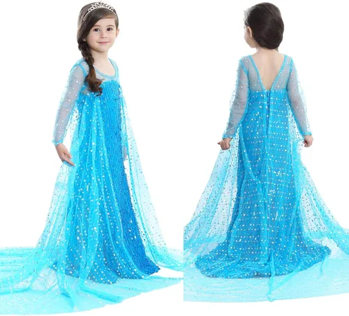 Vista 8 de TPMG Elsa Costume Dress for Girls 3T-10Y with Kids Frozen Crown Wand Gloves for Halloween Birthday Dress Up Pretend Play
