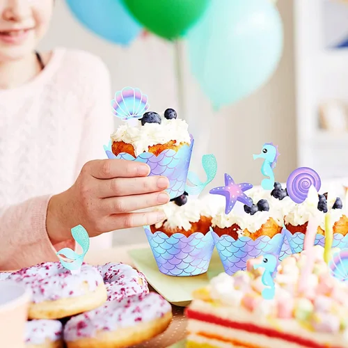 Vista 8 de 61 piezas de suministros de decoración de cumpleaños de sirena para tema oceánico, incluye 20 centros de mesa de fieltro, 40 envoltorios de cupcakes