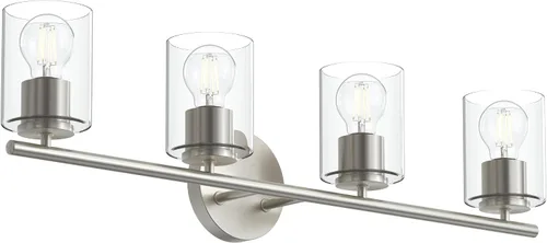 Vista 59 de Progress Lighting Lámpara moderna de tocador de baño de cristal blanco grabado con 4 luces, colección Replay, níquel cepillado (P2160-09)