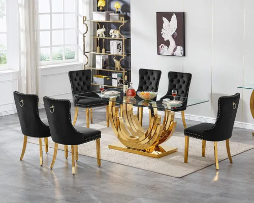 Vista 39 de Juego de mesa de comedor de cristal dorado de 5 piezas, 70 pulgadas, rectangular, moderna, para cocina y comedor, mesa de comedor para 4, mesa