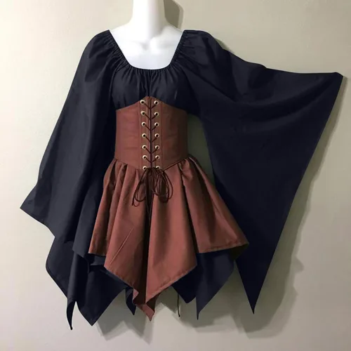 Vista 2 de SHOPESSA Disfraz medieval renacentista para mujer, vestido de corsé pirata, manga acampanada, vestido corto irlandés tradicional