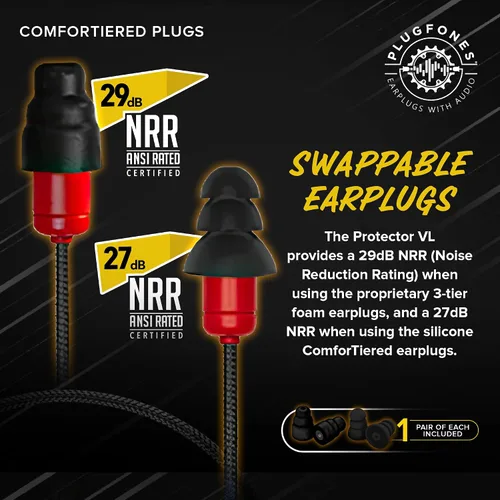 Vista 7 de Plugfones Protector Volume Limited Audio Earbuds, tapones para los oídos compatibles con OSHA con sonido, negro y rojo