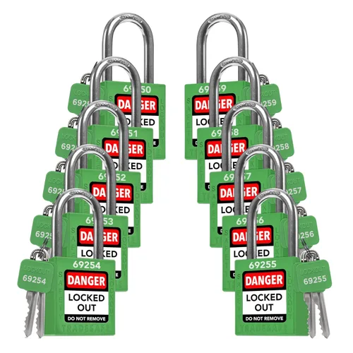Vista 11 de TRADESAFE Juego de cerraduras de bloqueo - 7 cerraduras de loto rojas, cerraduras de bloqueo con llave diferente, 1 llave por cerradura, candados