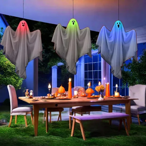 Vista 4 de Paquete de 3 decoraciones de fiesta de Halloween de 25.5 pulgadas, fantasmas colgantes lindos para patio delantero, patio, césped, jardín