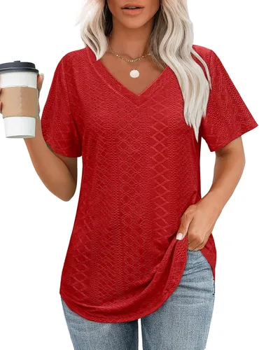 Vista 7 de OFEEFAN Camisetas básicas de manga corta con cuello en V para mujer, ajuste holgado, con dobladillo curvado B-verde