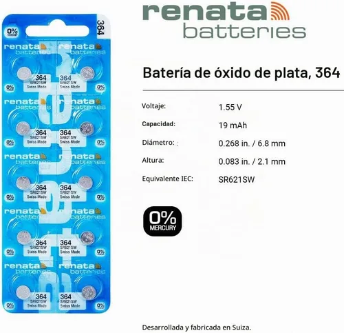 Vista 2 de Renata 364 SR621SW Baterías – 1.55 V Óxido de Plata 364 Batería de reloj (2 unidades)