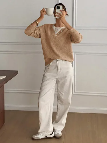 Vista 5 de SOLY HUX Suéteres Pullover para Mujer de Manga Larga con Botones Cuello Redondo 2 en 1 Tops de Punto Holgados Albaricoque y Beige