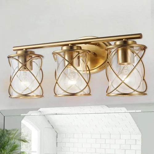 Vista 13 de mavcadonf Luces de Tocador de Baño de 2 Luces, Lámparas de Baño sobre el Espejo, Luz de Tocador Dorado Cepillado, Luces de Pared de Estilo Rústico