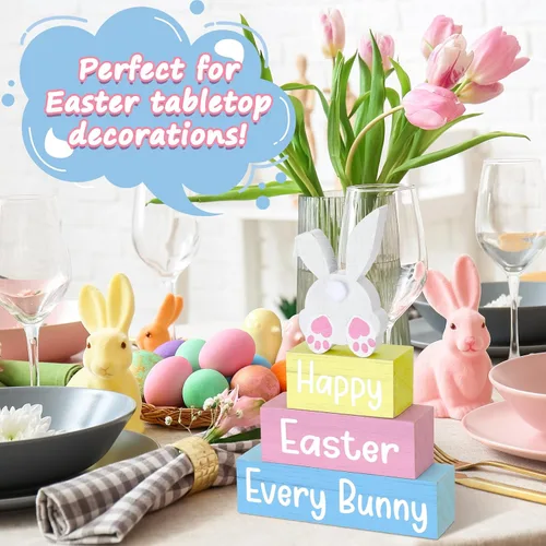 Vista 4 de 4 piezas de decoración de mesa de Pascua con texto en inglés «Happy Easter Every Bunny», letrero de madera de conejito pastel, bloques de madera