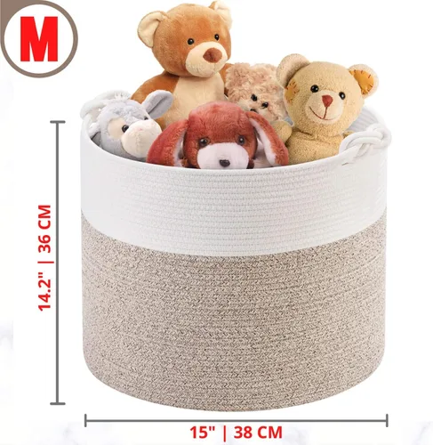 Vista 6 de Cesta de almacenamiento de cuerda de algodón tejida de 15 pulgadas para lavandería, juguetes para perros y manta, color marrón Marrón claro