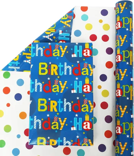 Vista 5 de U'COVER Rollo de papel de regalo reversible de feliz cumpleaños para niños y niñas, diseño de lunares, papel de regalo para mujeres, hombres, baby