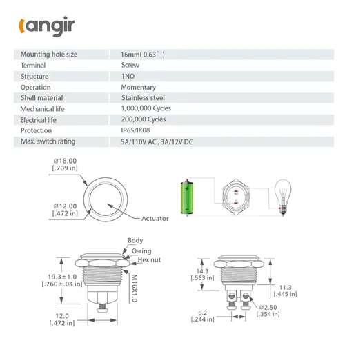 Vista 5 de Interruptor de botón momentáneo IP67, resistente al agua, acero inoxidable, antivandálico, interruptor de metal, terminales de tornillo 12 V, 24 V