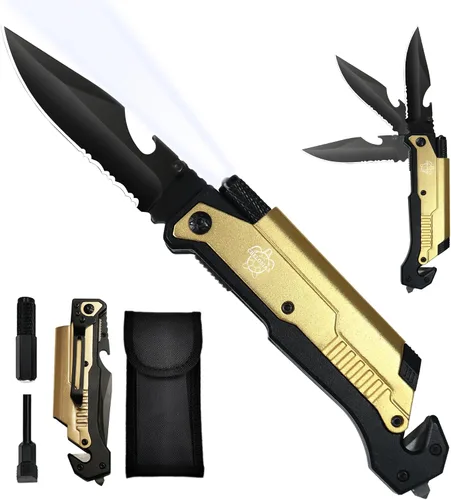 Vista 10 de Cuchillo de bolsillo militar EDC de 8.5 pulgadas para exteriores, 7 en 1, cuchillos plegables multifunción con iniciador de fuego, cortador de Negro