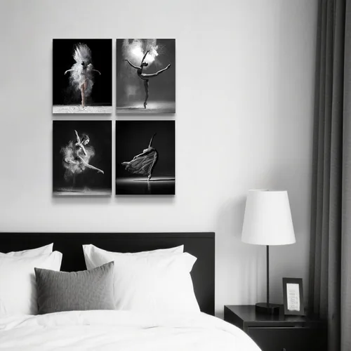 Vista 6 de NCYEL 4 piezas de arte de pared de ballet en blanco y negro, lienzos de chica bailando, elegante decoración de pared de danza, póster moderno