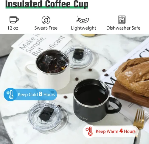 Vista 2 de DUIERA - Tazas de café de viaje de 12 onzas, tazas de agua aisladas portátiles con tapa y asa, taza de café de acero inoxidable, para café helado