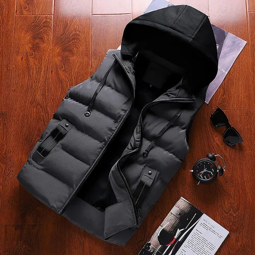 Vista 16 de WENKOMG1 Chaleco con capucha con doble cremallera para hombre, abrigo de color sólido, abrigo cálido y grueso, sin mangas, chaqueta suelta