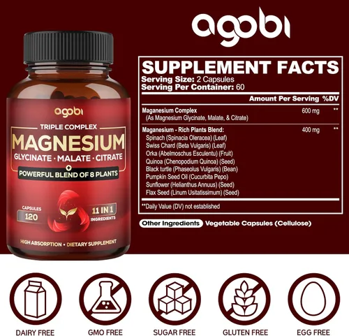 Vista 2 de Complejo triple de magnesio – 600 mg de glicinato de magnesio, malato y citrato – Espinacas añadidas, acelgas suizas y otros – Apoya la calma